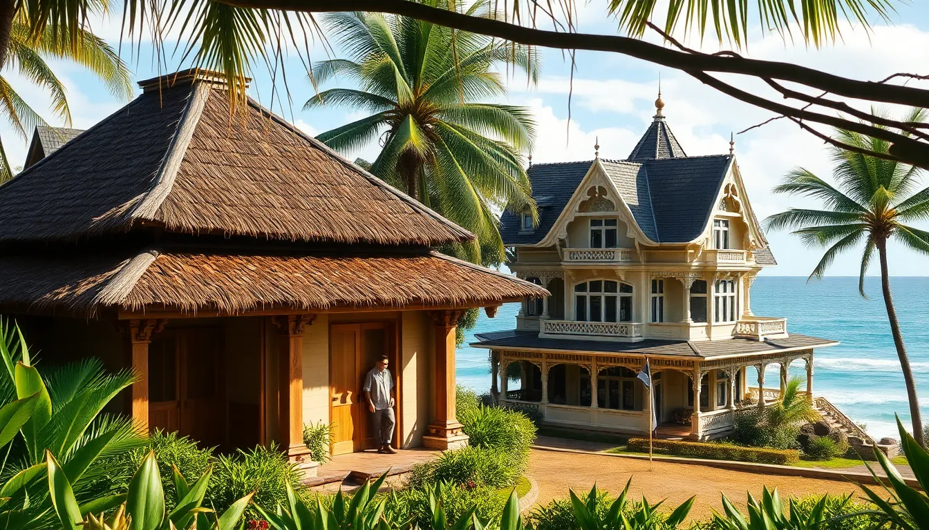 traditional and Victorian Hawaiian architecture by the ocean.